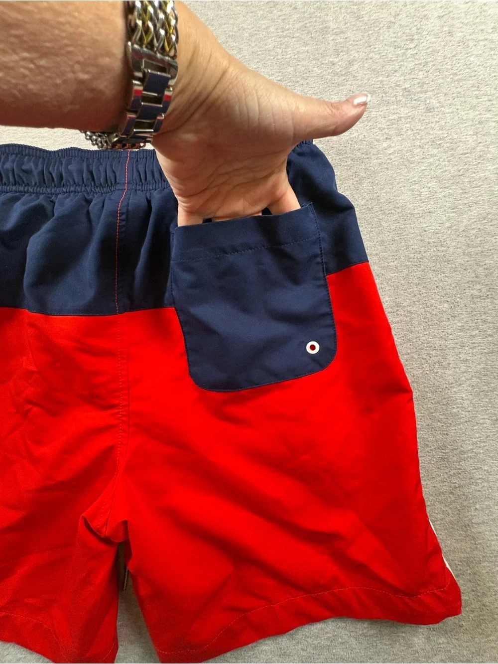 Speedo Mens Red White Navy Blue Elastic Waist Drawstring Swim Trunks Shorts Sz M